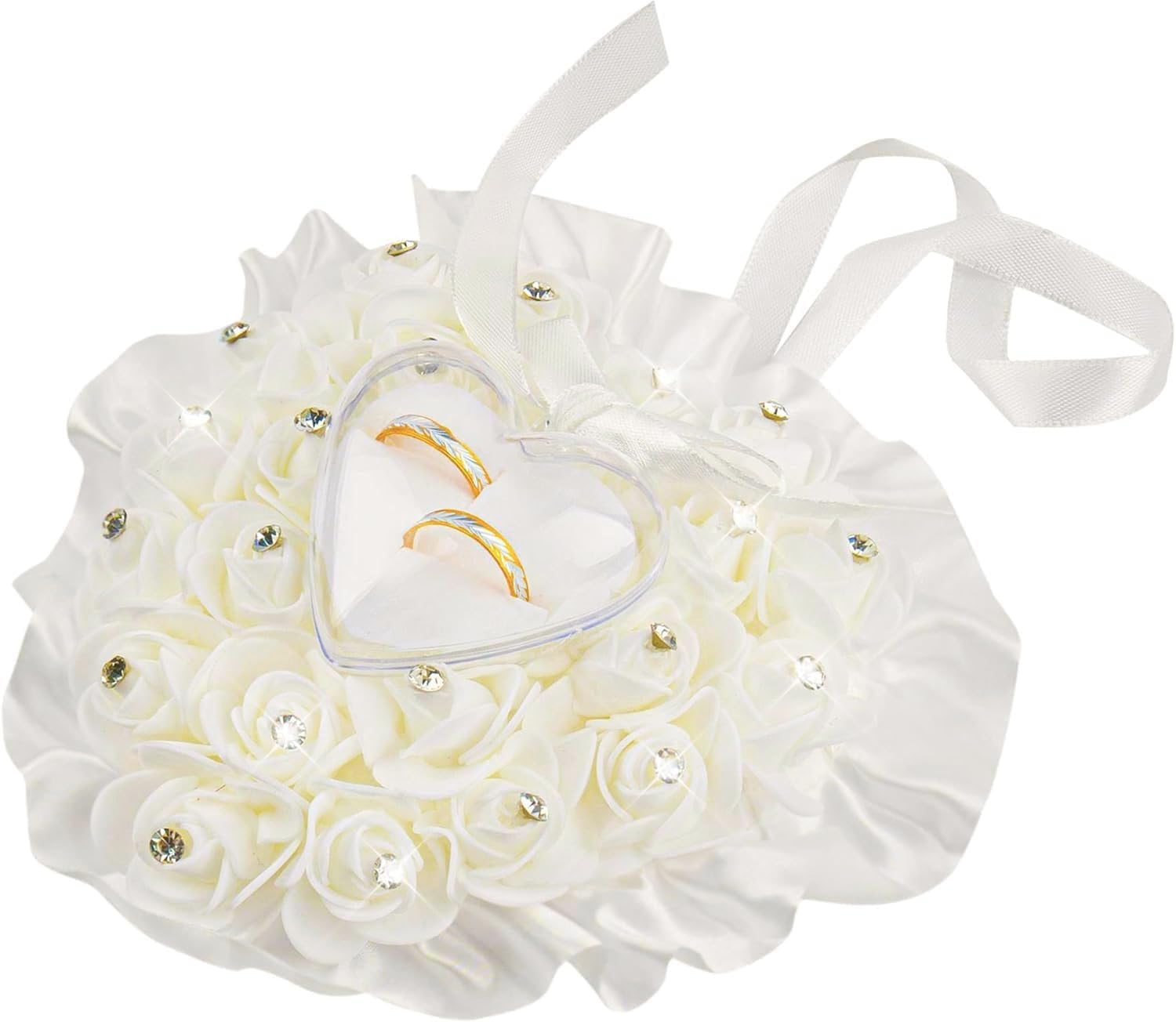 AUEAR, White Wedding Ring Holder Pillow Heart Shape Lace Rose Flower Rhinestone Crystal Box for Ceremony