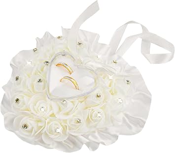 AUEAR, White Wedding Ring Holder Pillow Heart Shape Lace Rose Flower Rhinestone Crystal Box for Ceremony