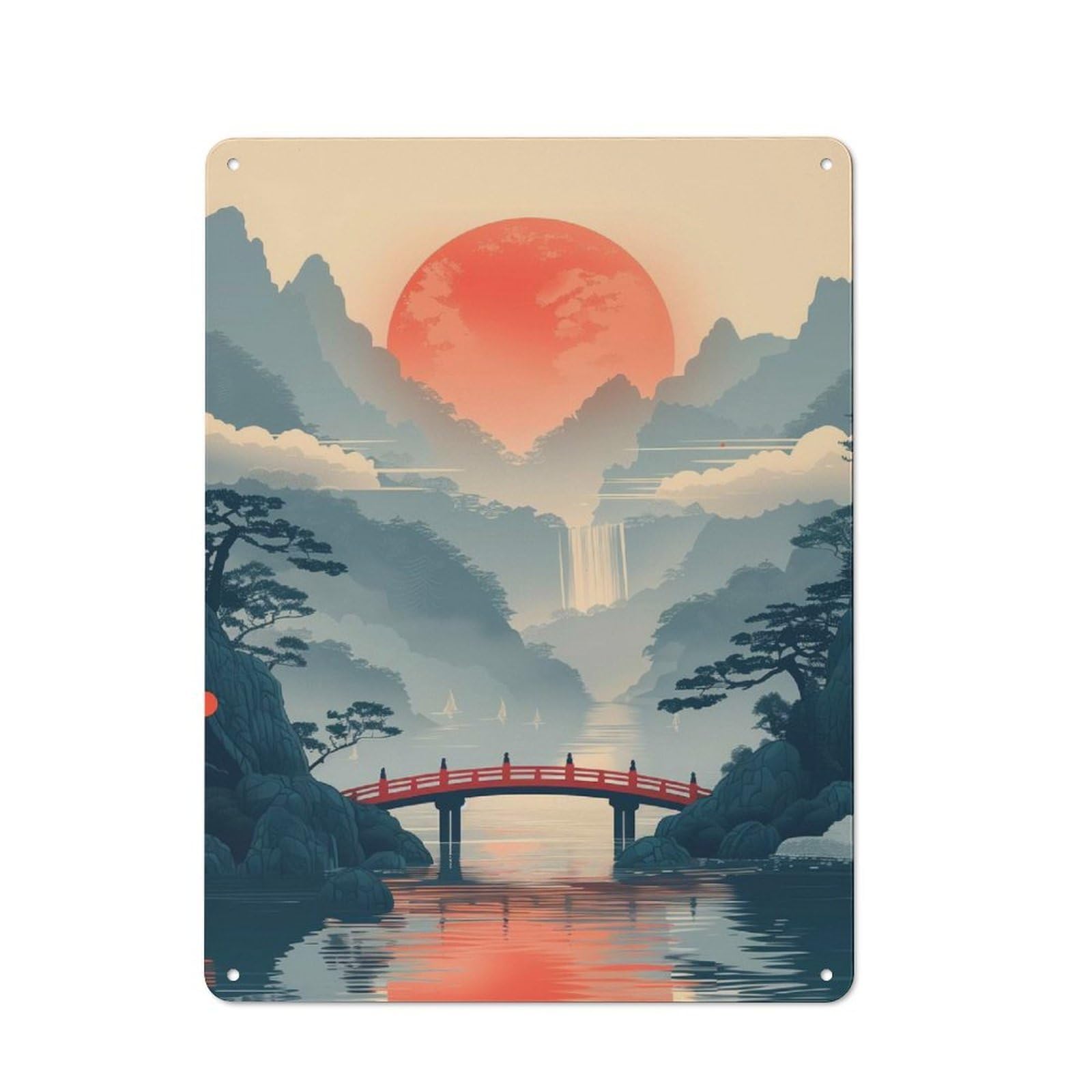 Junmoney Japanese Mountain Landscape Rustic Tin Sign 40X30cm For Living Room Or Hallway, Suited To Living Room Decor Lovers