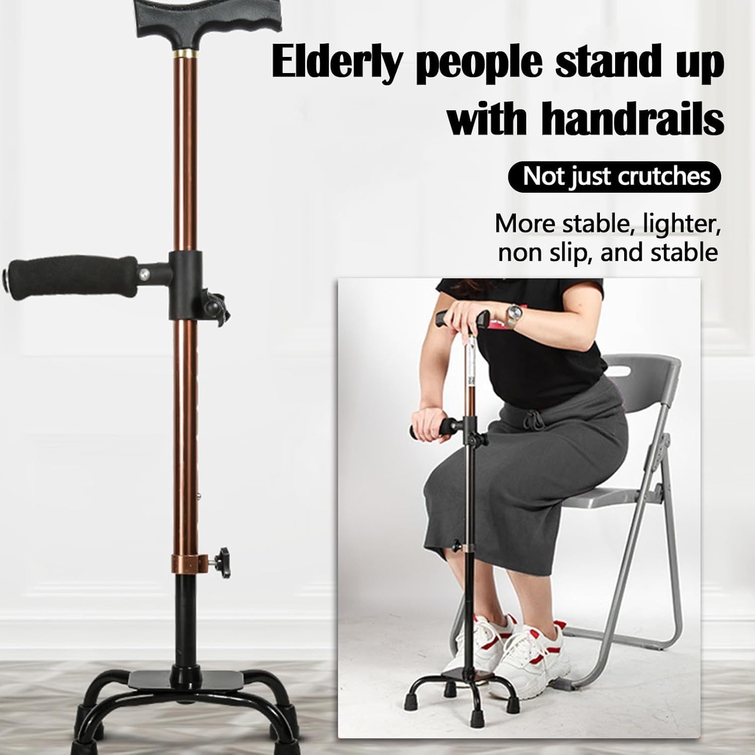 TsoLay Muletas De Cuatro Patas, Bastón De Aluminio para Subir Escaleras con Asa Lateral Y Base De 4 Patas, 10 Alturas Ajustables 62-85cm, Capacidad De Carga 100kg, para Ancianos