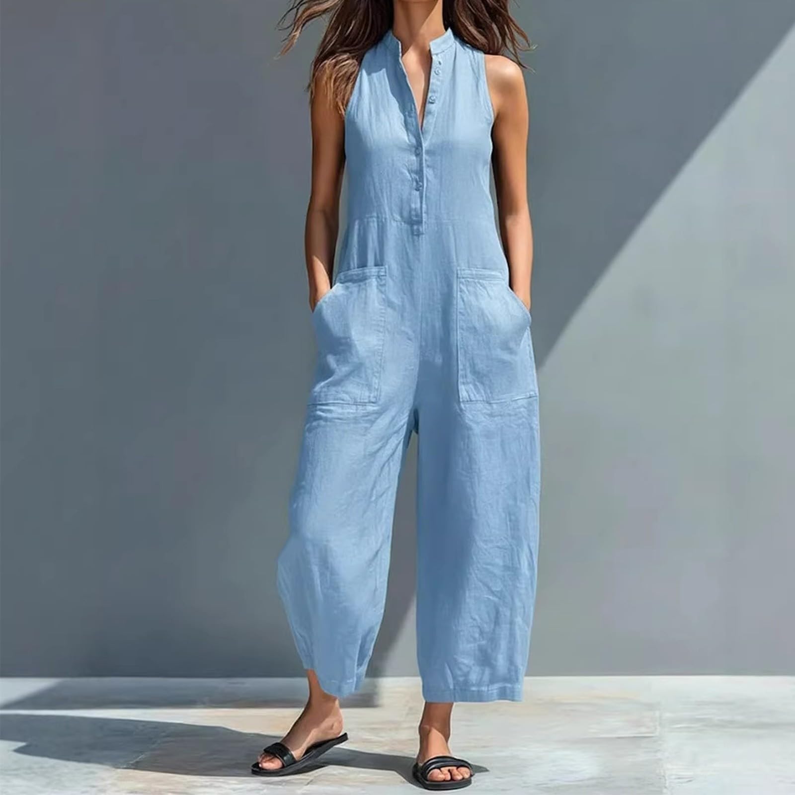 Generisch Tuta da donna con pantaloni, per il tempo libero, senza maniche, con colletto alto, gamba larga, abbottonatura, tinta unita, casual, estiva, leggera e confortevole, per spiaggia e vacanze