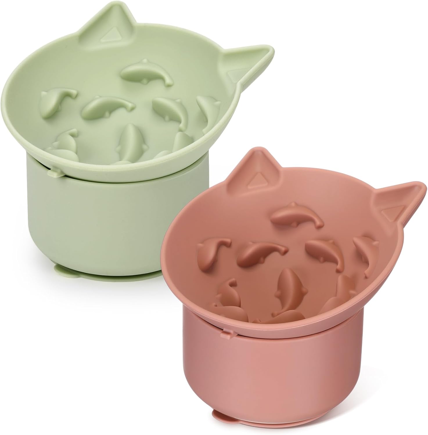 Funnymoom 2 Pack Silicone Cat Slow Feeder, Elevated Slow Feeder Cat Bowl for Dry and Wet Food, Tilted Design with Non Slip Base, Adjustable Angle for Pet(Green and Brown)