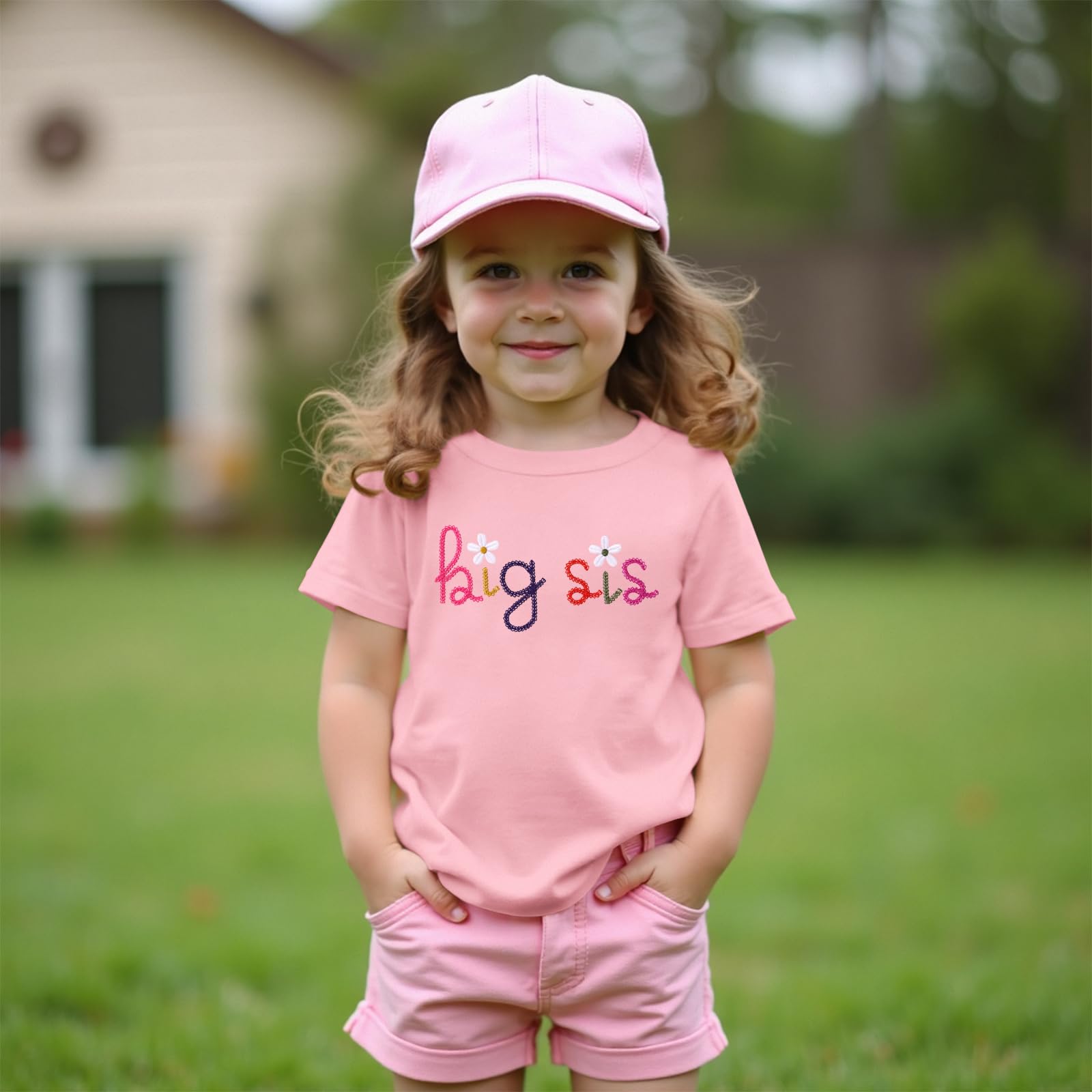 Big Sister Shirt for Toddler Baby Girl Embroidered Big Sis Announcement T-Shirt Gift Sibling Reveal Top Outfit (Pink, 18-24M)