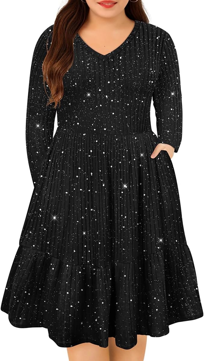 CARCOS Plus Size Dresses for Curvy Women Crew/Vneck Long Sleeve Dresses Ladies Knee Long Fall Winter Dress with Pocket XL-5XL