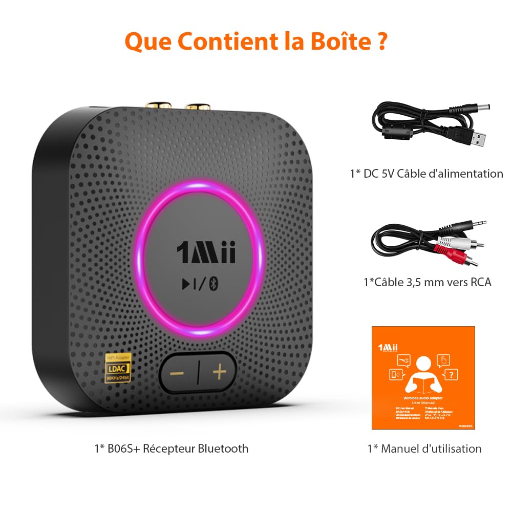1Mii B06S+ LDAC Recepteur Bluetooth 5.3 Haute Résolution Stéréo à Domicile | Adaptateur Audio pour Musique sans Fil Hi‑Fi avec aptX HD/Faible Latence, Récepteur de Contrôle du Volume Longue Portée