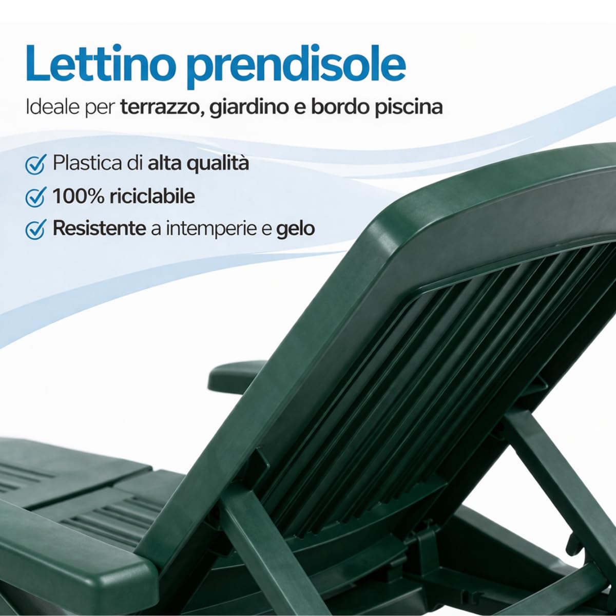 Tomaino - Lettino Prendisole in Plastica da Giardino - Schienale Reclinabile, Pieghevole con Ruote - Campeggio, Spiaggia, Piscina, per Esterno (Bianco)