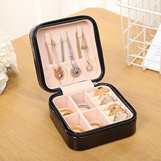 علبة تنظيم مجوهرات صغيرة للسفر، للخواتم والحلقان والسلاسل، أسود