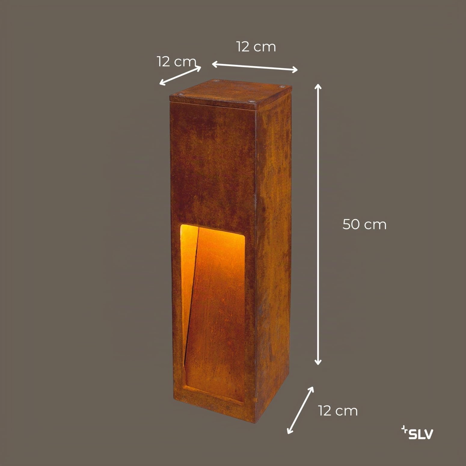 SLV RUSTY SLOT 50 lampe sur pied extérieure E27 acier rouillé FeCSi IP44 L12xP12xH50cm – éclairage décoratif indirect pour jardin, terrasse, allées – style unique, ampoule non incluse