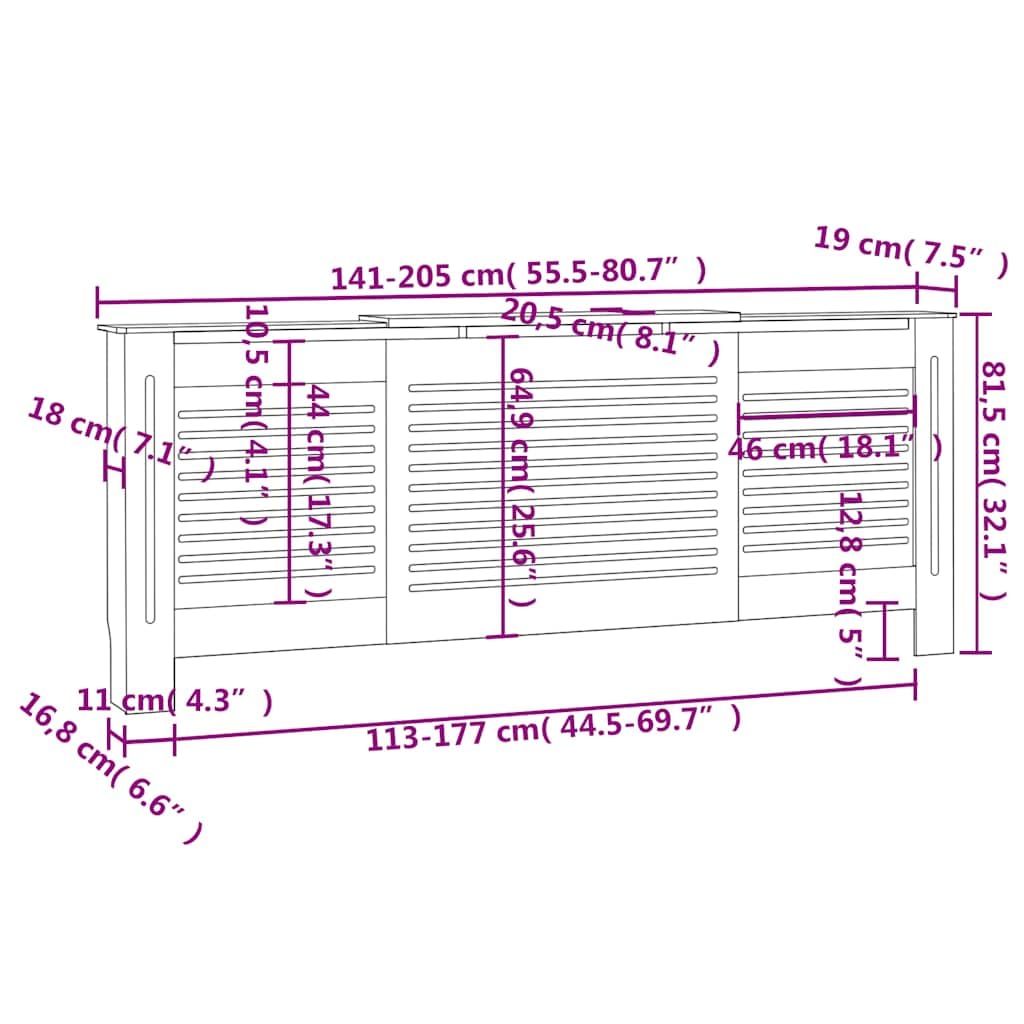 vidaXL Heizkörperverkleidung Lattenrost-Design Heizungsabdeckung Heizungsverkleidung Heizkörperabdeckung Heizung Abdeckung Heizkörper MDF Schwarz 205cm