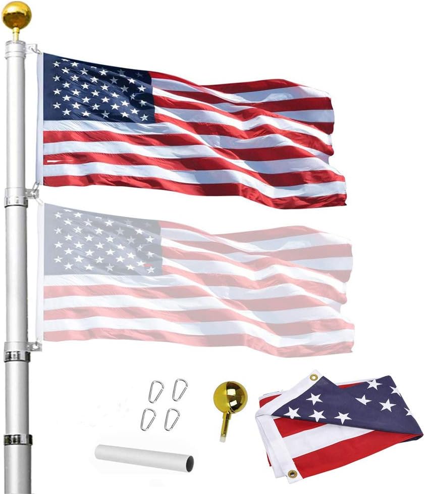 Telescoping Flag Poles, Heavy Duty Flag Pole Kit, Includes Aluminum Flagpole, American Flag, Gold Ball Ornament,4 Stainless Steel Clips. (20FT)