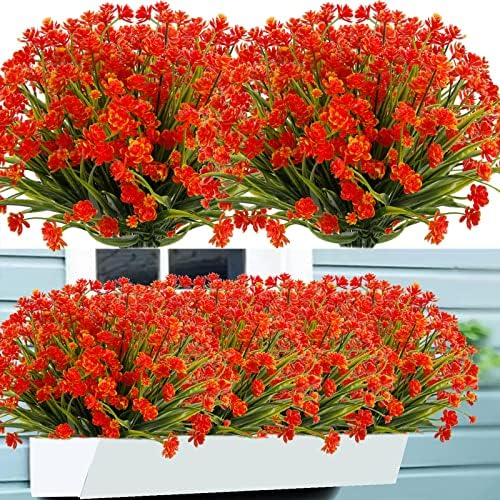 NOV FIRE Outdoor Artificial Fake Flowers,8 Bundles Plastic Flowers Outdoor UV Resistant Faux Flowers for Indoor Outdoor Garden Porch Home Decor(Orange Red)