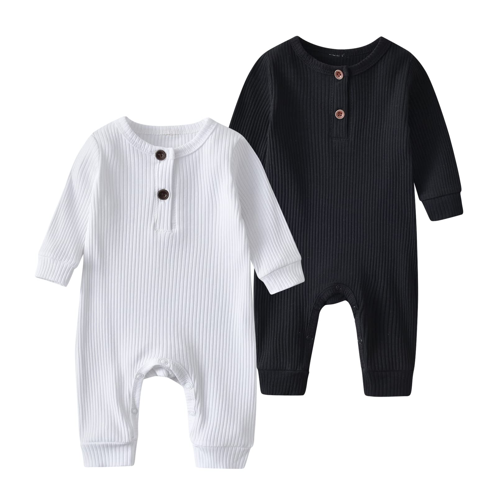 Wulipery Baby Rompers Baby Boy Girl 2 Pack Knitted Cotton One Piece Jumpsuit Solid Color Long Sleeve Baby Outfits