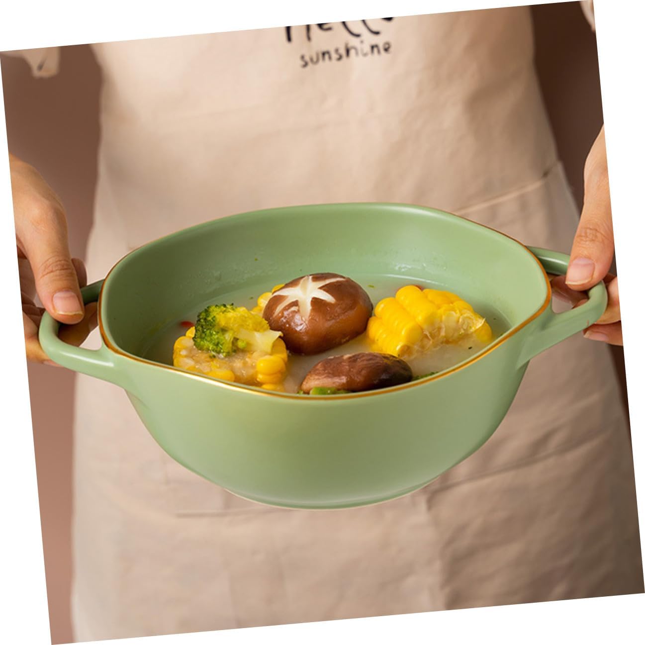 Ceramic Double Handle Baking Dish and Salad Serving Bowl Matcha Green, Oven-safe Soup Bowl for Restaurant and Home Use, Sturdy Ceramic Dinnerware for Entertaining