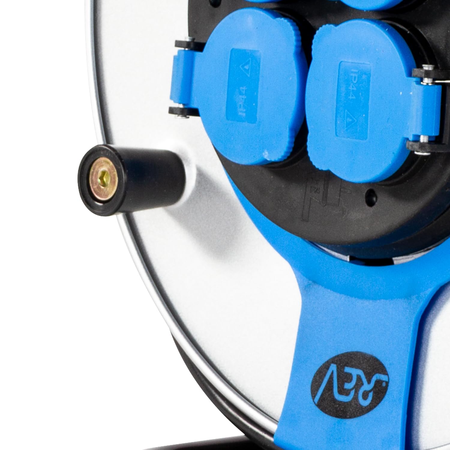 REV Enrouleur de câble EX, 50 m, H05VV, IP44, 3000 W, avec Contact abrasif, extérieur, 4 Prises de Contact de Protection, Bleu