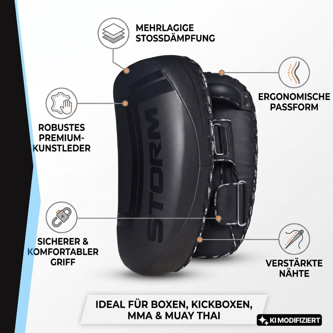 2X FOX-FIGHT Storm Schlagpolster/Schlagschild – Profi Arm Shield aus PU-Leder für Boxen, Kickboxen & Thaiboxen – Vorgekrümmt, Stoßdämpfend – Mit Arm-Pad, Griff & 2 Klettverschlüssen