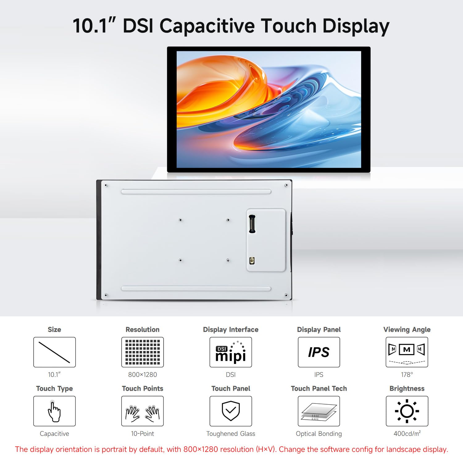 Waveshare 10.1inch DSI Capacitive Touch Display, 800x1280, IPS Panel, Optical Bonding Toughened Glass Panel, 10-Point Touch, for Raspberry Pi/RK3576/RK3506/ESP32-P4