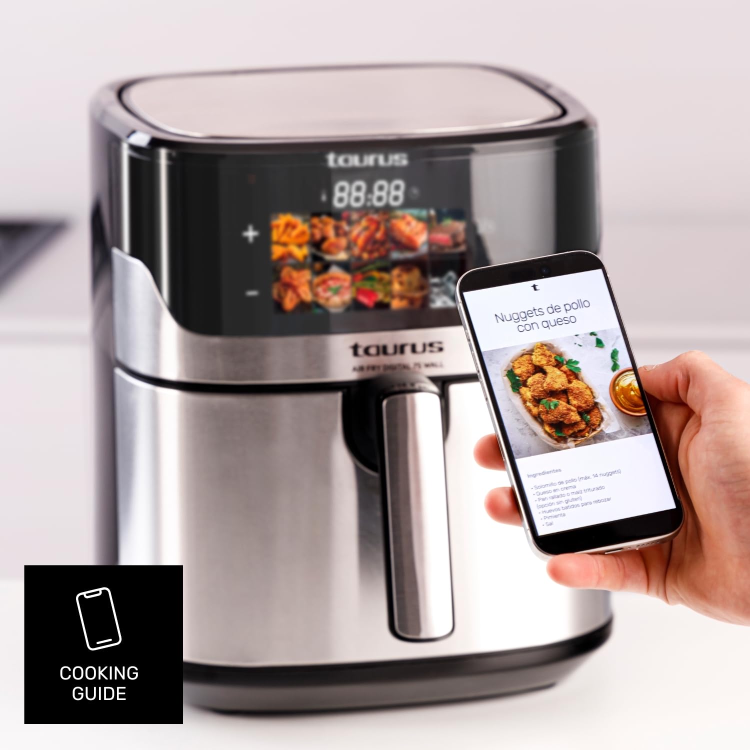 Taurus – Freidora sin Aceite Air Fryer Digital 7S Wall HD, 6,5L, 8 programas, Cocción Uniforme, Pantalla HD, Accesorio Wall, Temperatura Ajustable, Libre BPA y PFOA, Mango frío al Tacto.