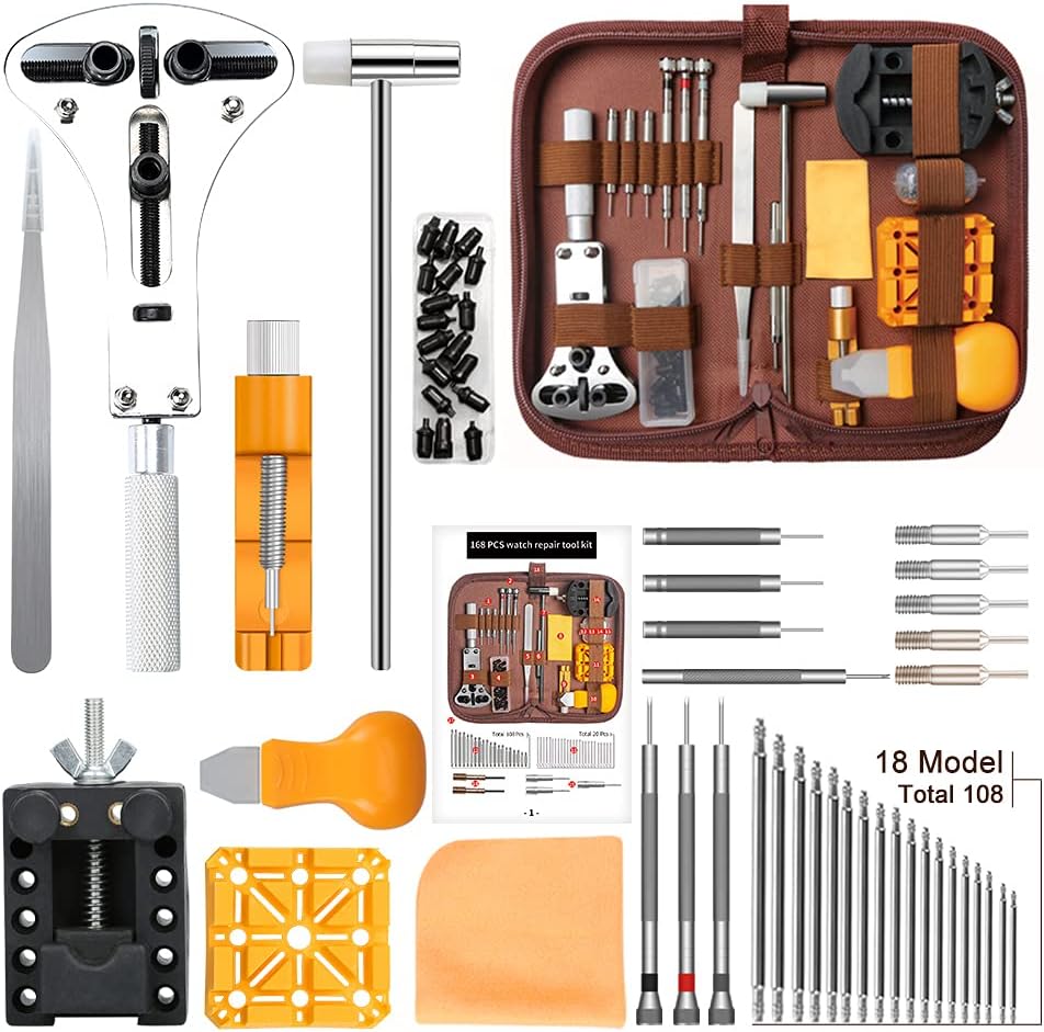 Kingsdun 腕時計バッテリー交換ツールキット 168個 腕時計修理バンド ストラップ リンクピン リムーバー 調整 修理ツールセット キャリーケースとマニュアル付き