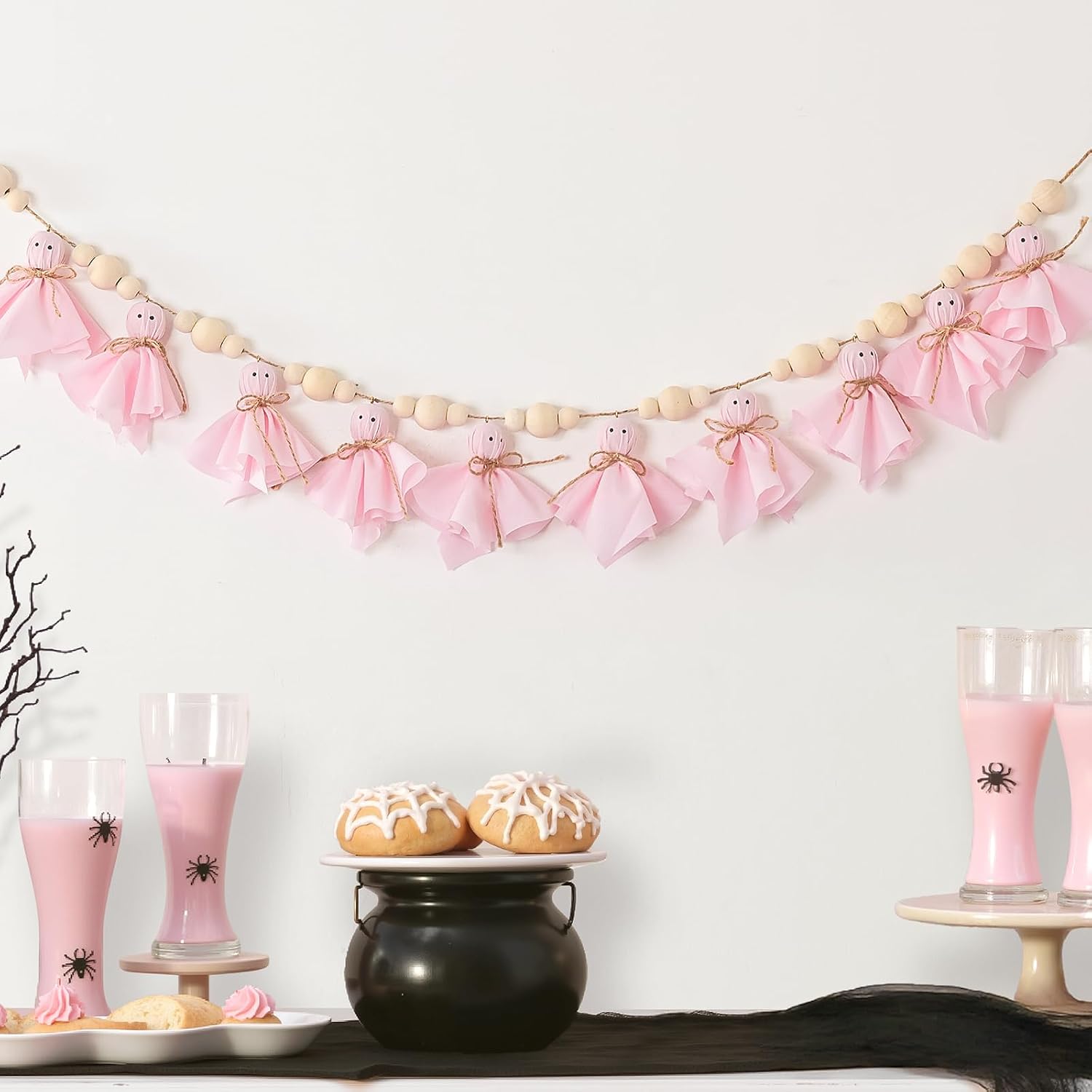 Halloween Garland, Cute Pink Ghosts and Bead Banner Garland for Halloween Decor, Handmade Rustic Decorations Indoor for Wall Home Indoor Outdoor Party Decorations