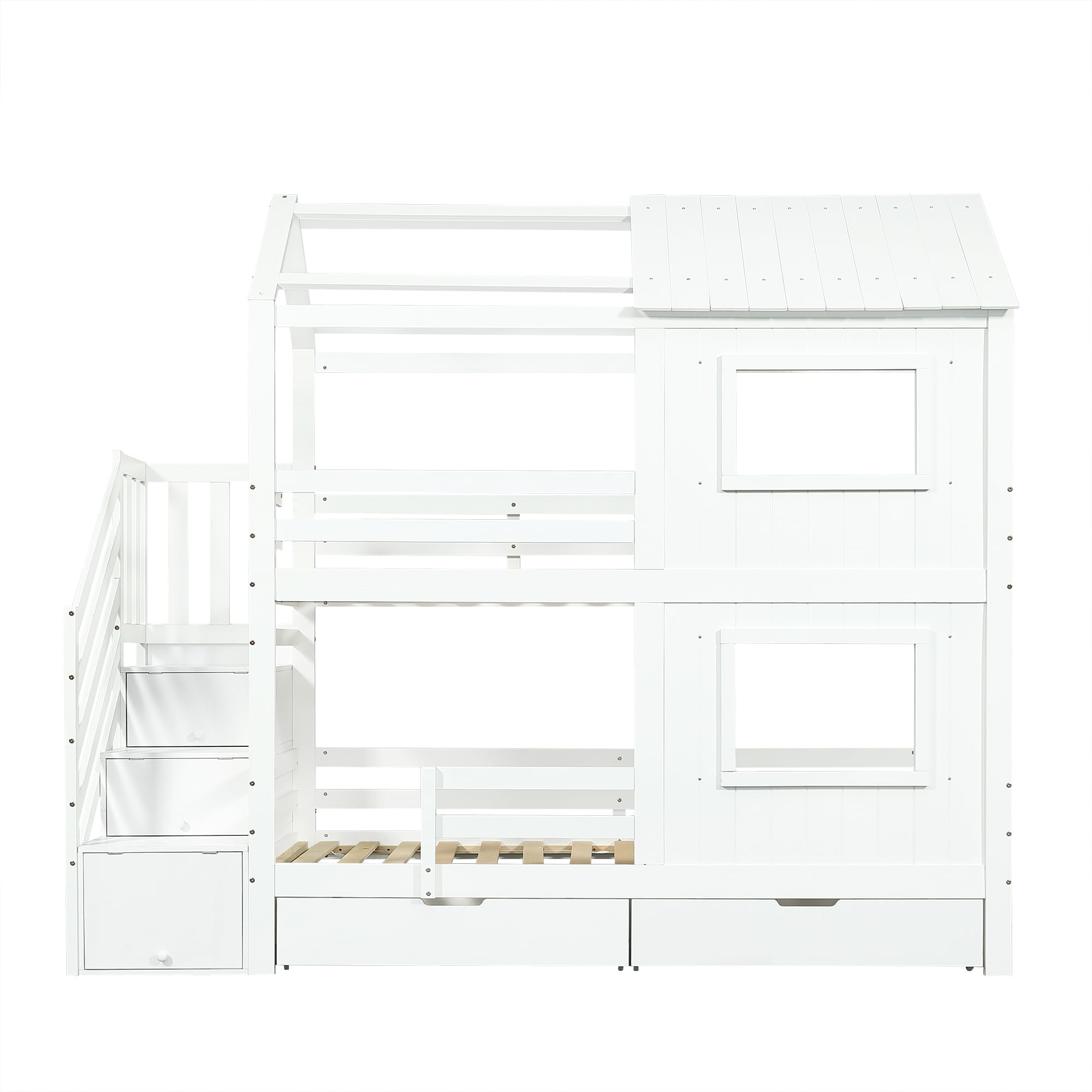 Letto a castello, 90 x 200 cm, per le scale con ripiani, cassetto portaoggetti con ruote, belle finestre e tetto, rete a doghe in legno di pino + MDF + compensato, bianco