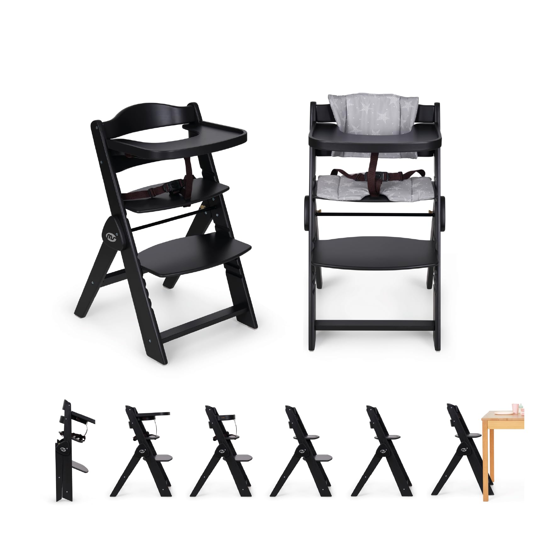 ms Trona para bebé de Madera Full PLEGABLE - Evolutiva- Silla Alta, Ergonómica, Regulable, Segura, Negro/​Gris