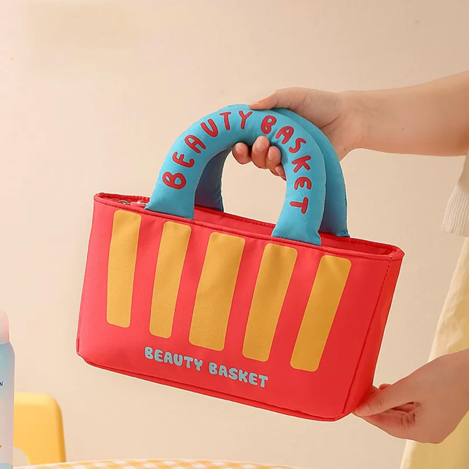 Make Up Tasche mit Leichtgängigem Reißverschluss, Kulturtasche für Reisen, im Retro-Marktkorb-Stil, mit Weichem Griff, für Hautpflege und Tägliche Utensilien