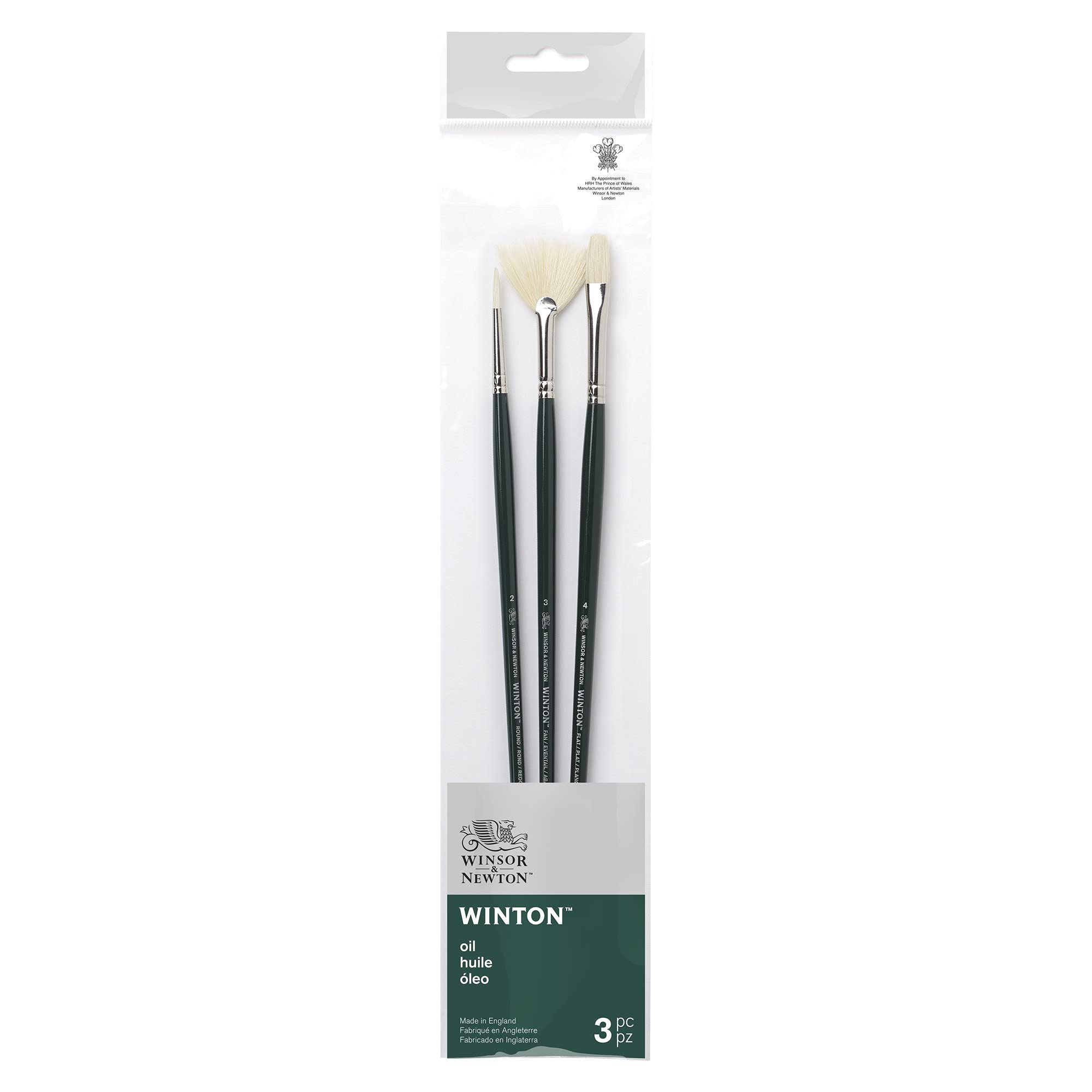Winsor & Newton Set 3 Pennelli Winton Manico Lungo - Tondo N°2 - Piatto N°4 - A Ventaglio N°3