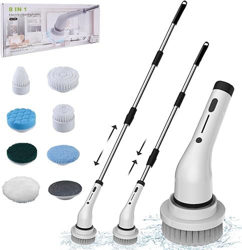 Yardeen Limpiador eléctrico giratorio, cepillo de limpieza de baño con 8 limpiadores de ducha inalámbricos reemplazables, extensión ajustable, mango