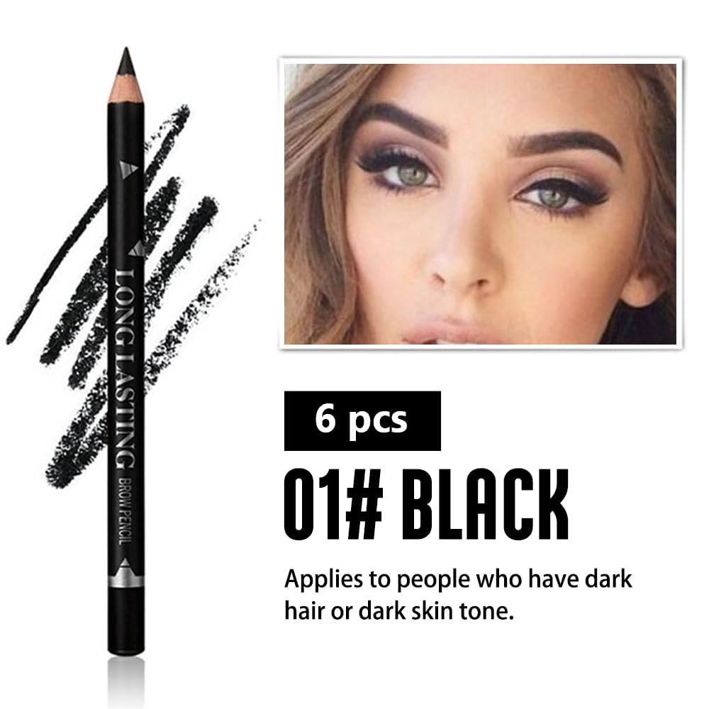 Augenbrauenstift-Set mit Spitzer, 6-teiliges Set mit Spitzer – Augenbrauenstifte aus Holz, perfekt für Augenbrauen und Eyeliner, wasserdicht und schweißfest für Anfänger-Make-up (schwarz + 3 x