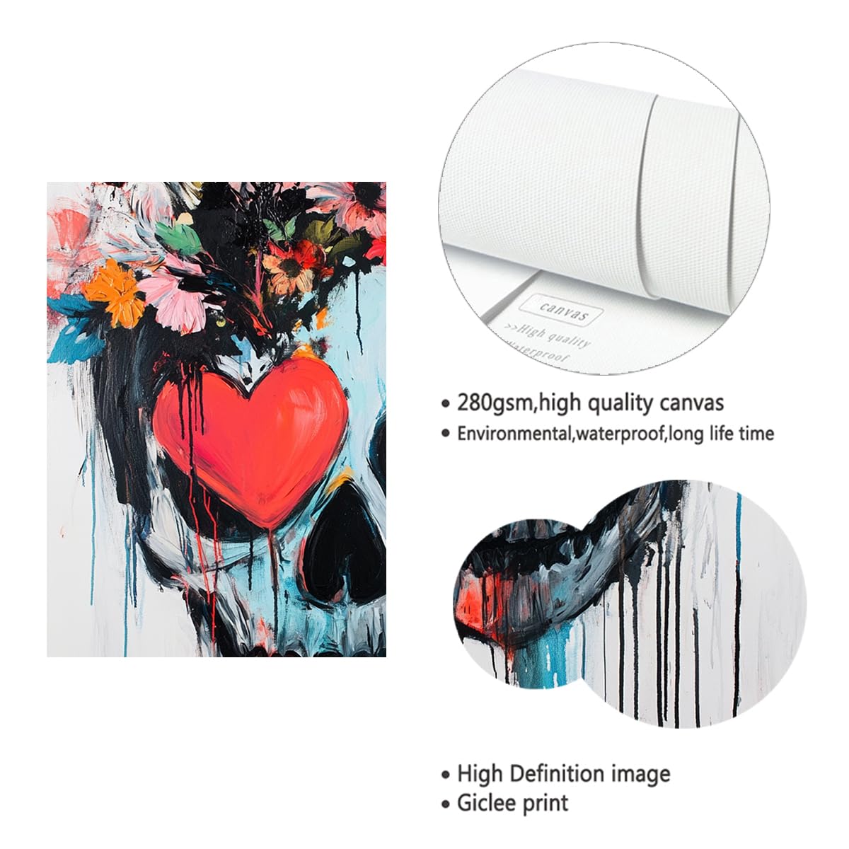 TOANGWALL Abstrakcyjna farba rozpryski czaszki serce głowa serca sztuka ścienna unikalny mroczny romans plakat graffiti dekoracja ścienna do przedpokoju 90 x 110 cm