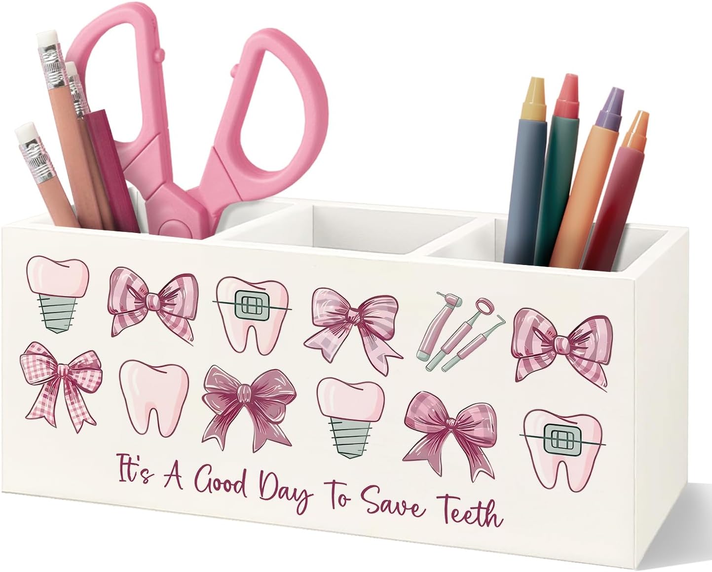 Dental Hygienist Assistant Gifts Tooth Pen Pencil Holder for Women, Dental Office Gifts,Dentist Hygienist Wooden Organizer for Home Office Desk Table-(Pink)