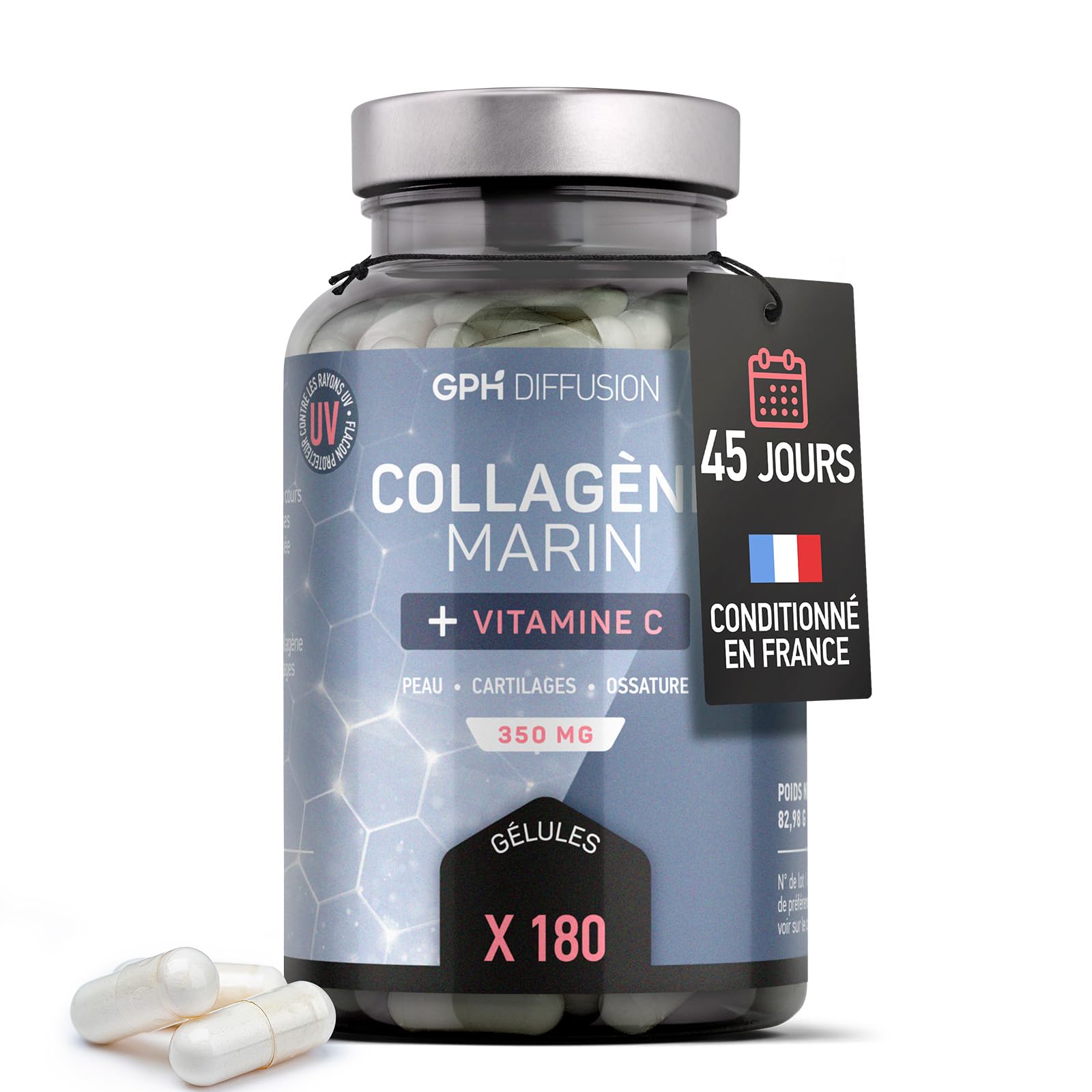 Collagène Marin + Vitamine C - 350 mg - 180 gélules - Peau, Ossature, Cartilages - Fabriqué en France
