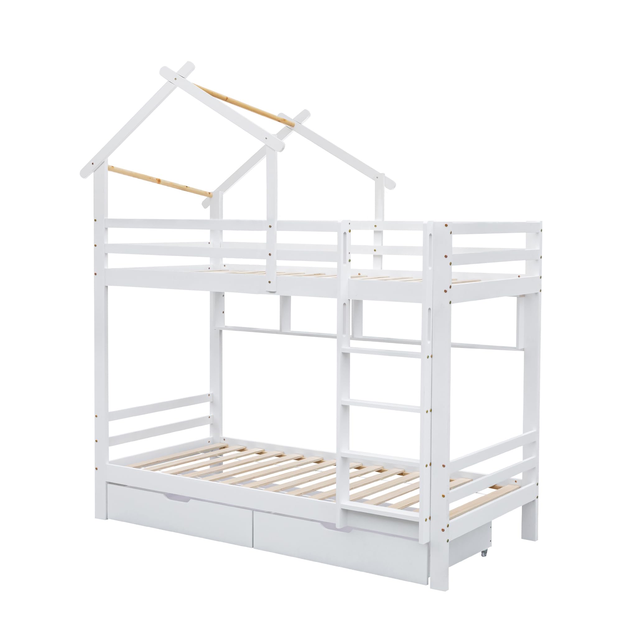 Moimhear Letto a Castello con Cassetti e Ripiani, Letto con Scala Ad Angolo Retto a Tre Livelli, Lettino con Protezione Anticaduta e Griglia, Telaio in Pino, Bianco (90x200cm)