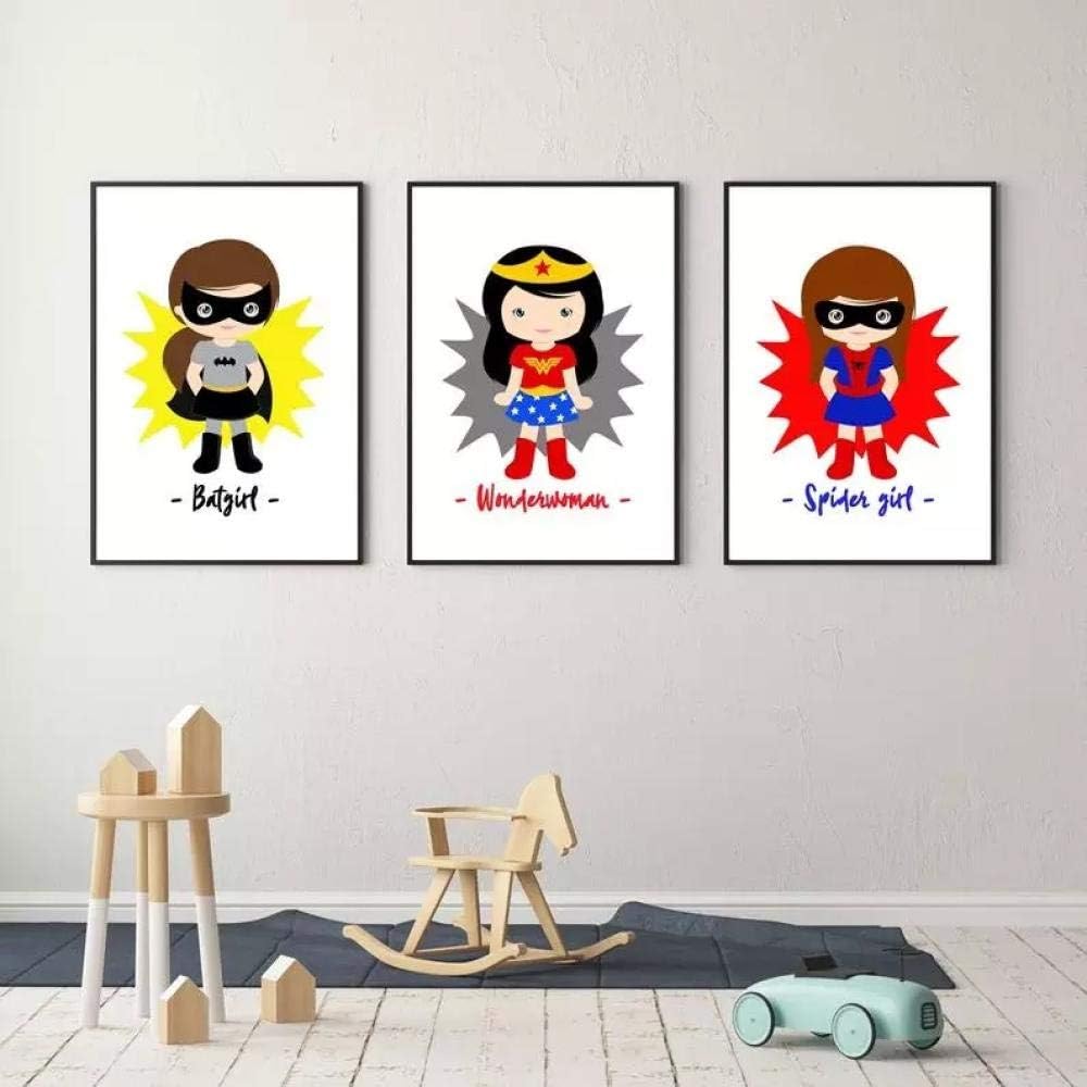 SYLSBAZGYS Wonder Woman Super Baby Girl Wall Art Canvas Painting Spider Girl Nursery Póster nórdico Cuadros de Pared para Sala de Estar Sin marco-30x40cmX3