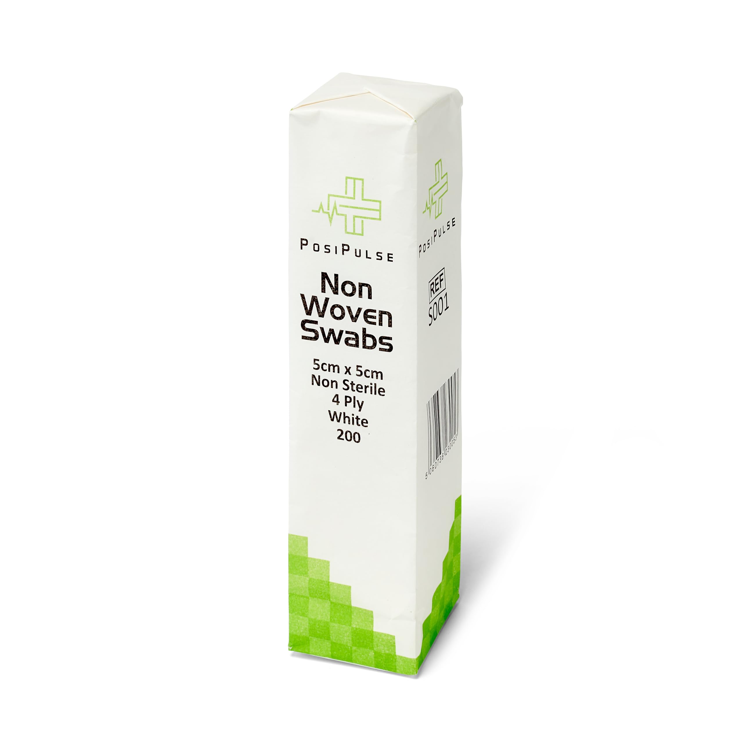 Posi Pulse 5cm x 5cm, 200ct Non-Sterile Gauze Swabs - 4 Ply Non-Woven Blend of Soft Strong Smooth Viscose/Polyester, 30g, Latex Free, CE Certified, White for Wound Dressing, Cleaning, Absorption