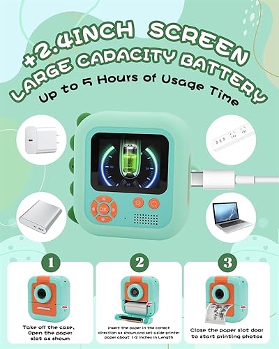 Miniatura 7 de Cámara de impresión instantánea para niños, cámara instantánea sin tinta para niños con tarjeta TF de 32 G y 5 rollos de papel de impresión, cámara