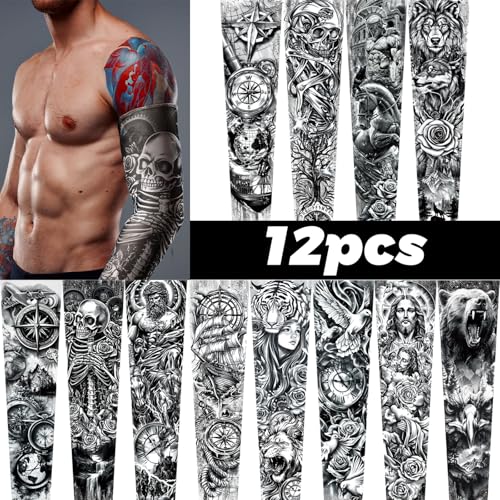 Boao 12 Pcs Temporary Tattoo Sleeve for Men Cooling Arm Sleeves Long Fingerless Arm Cover Anti Slip UV Protection Sun3