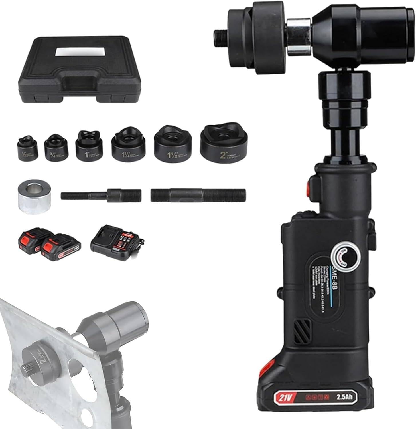 YXYLJOZ 80KN Hydraulic Punch Electrical, 22mm Stroke Hydraulic Punch Tool with Oil Return Switch, Includes 2 Batteries & 6 Dies for Q235 & Stainless Steel