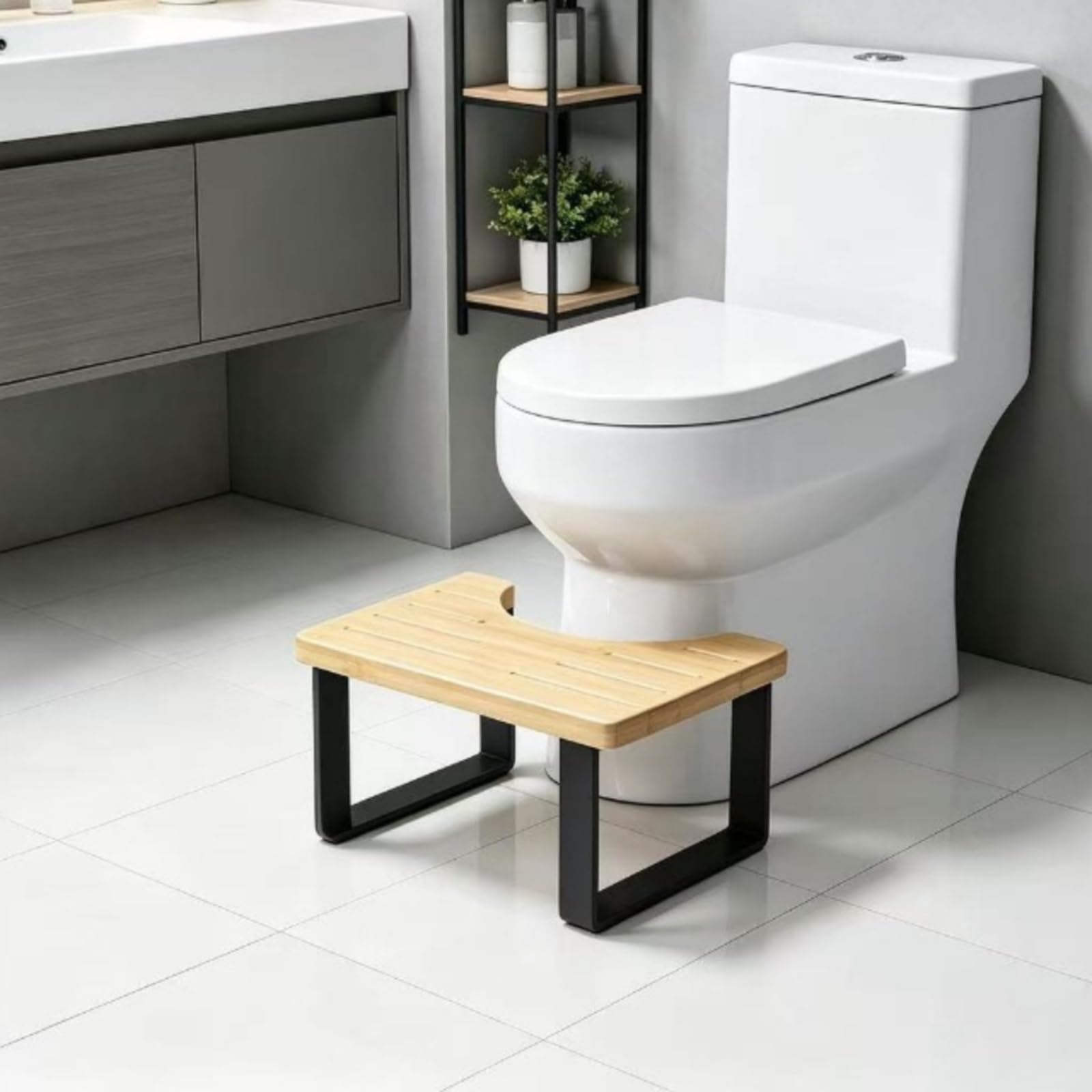 predolo Sgabello Bagno Poggiapiedi Sedia Pedana WC con Top Bambù Curvo Base Metallo Stabile Profilo Sottile Salvaspazio Scanalature Lunghe Foro Centrale per, Nero