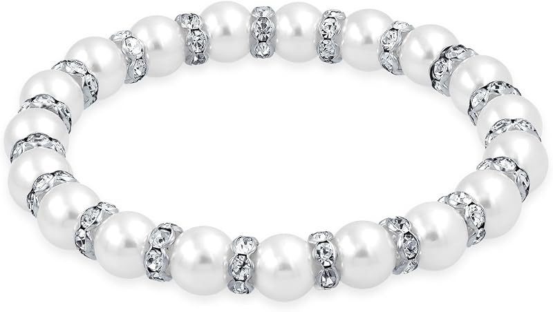Faux Pearl Stacking Strand Stretch Bracelet White Pink Black Crystal Spacer