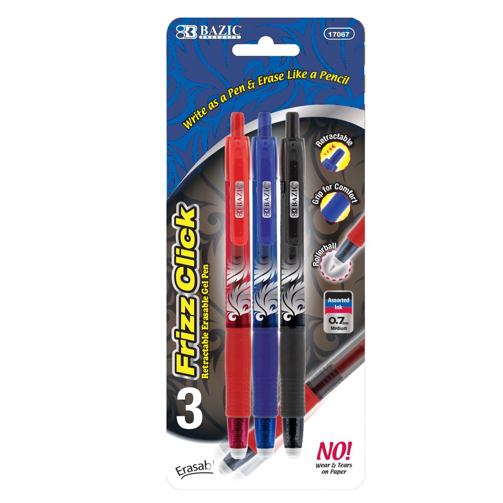 BAZIC ProductsFrizz Assorted Color Erasable Gel Retractable Pen with Grip, Stationery, Pack of 3 (17067)