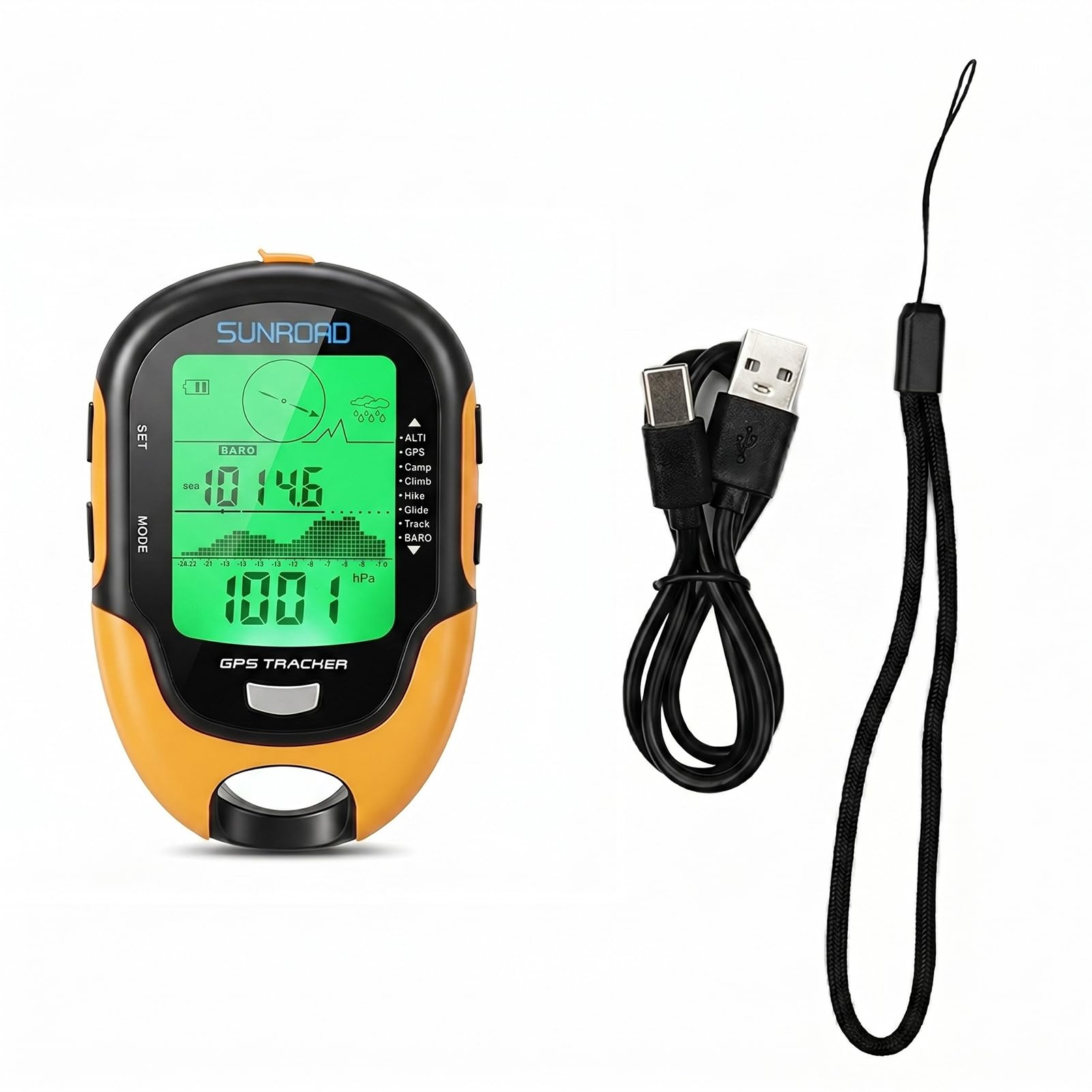 Altimètre Baromètre GPS, Appareil GPS Multifonctionnel Haute Précision avec Boussole, Thermomètre, Hygromètre, Prévisions Météo, Horloge, Date, Lampe de Poche LED, Réveil, Étanche IPX4