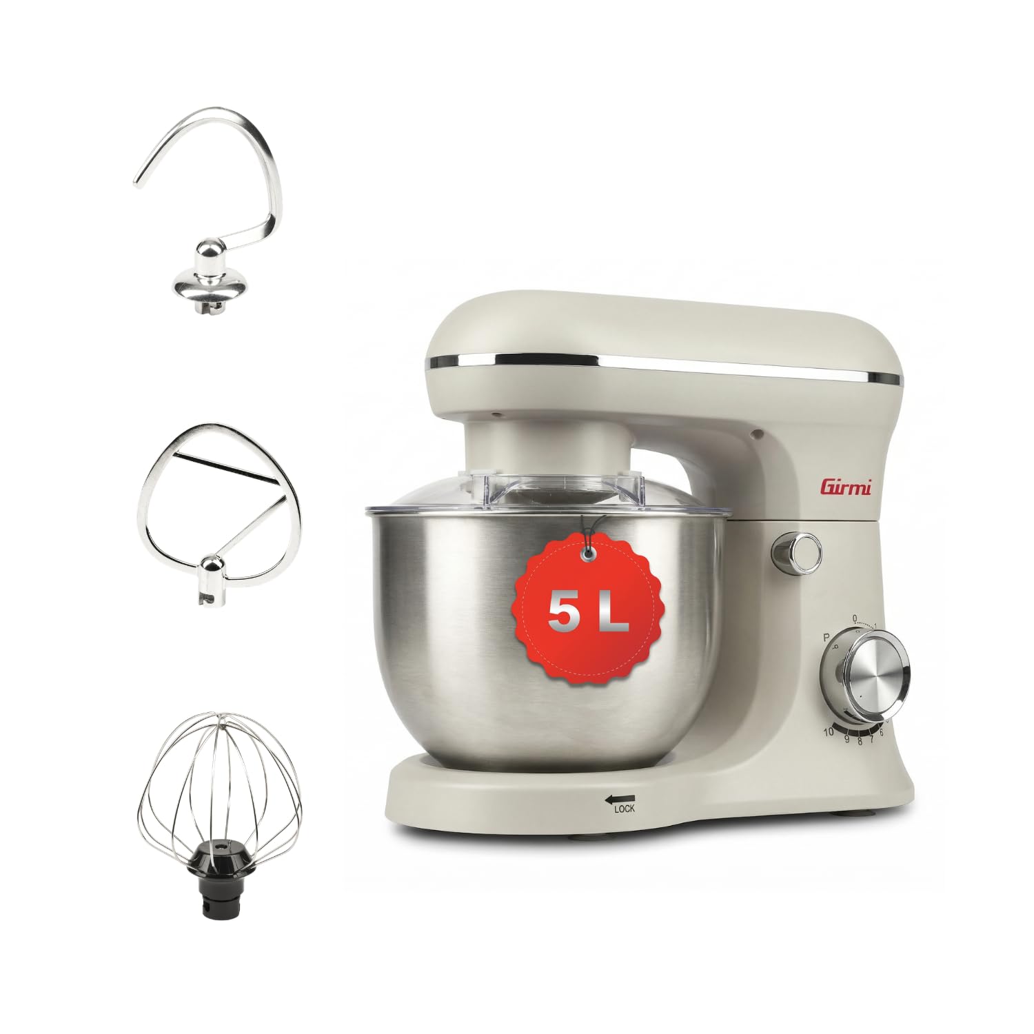 Girmi IM21W Batidora amasadora 5 L, 1500 W máx, 10 velocidades, Gesso | 1500 W máx., bol de acero inoxidable, 10 velocidades + Pulse y 3 accesorios para masas, cremas y preparaciones diarias
