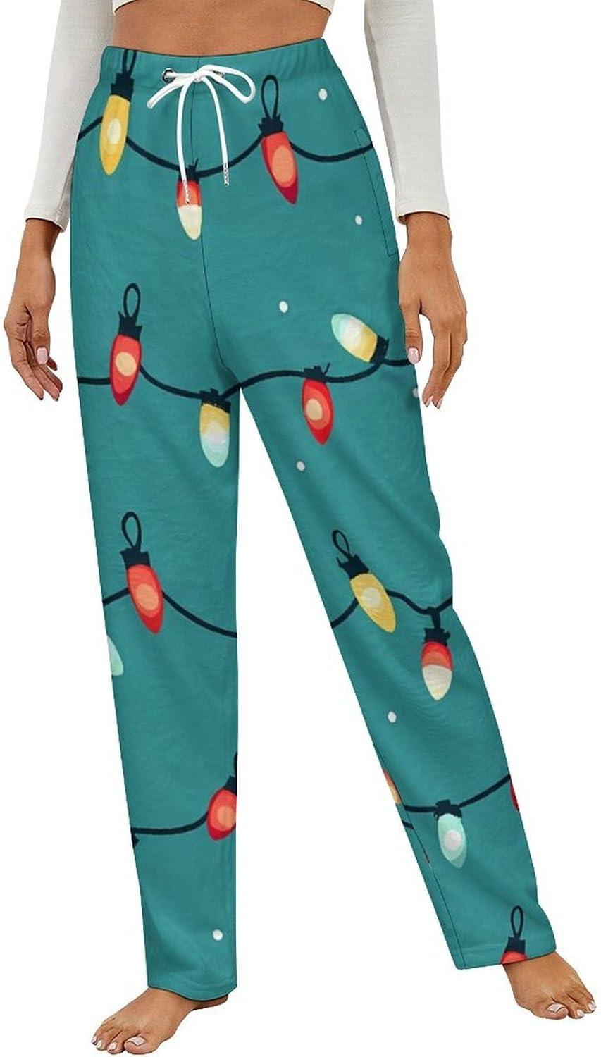 Christmas Light Pattern Womens Pajama Pants Fleece Sleep Comfy Lounge Pants Bottoms PJ