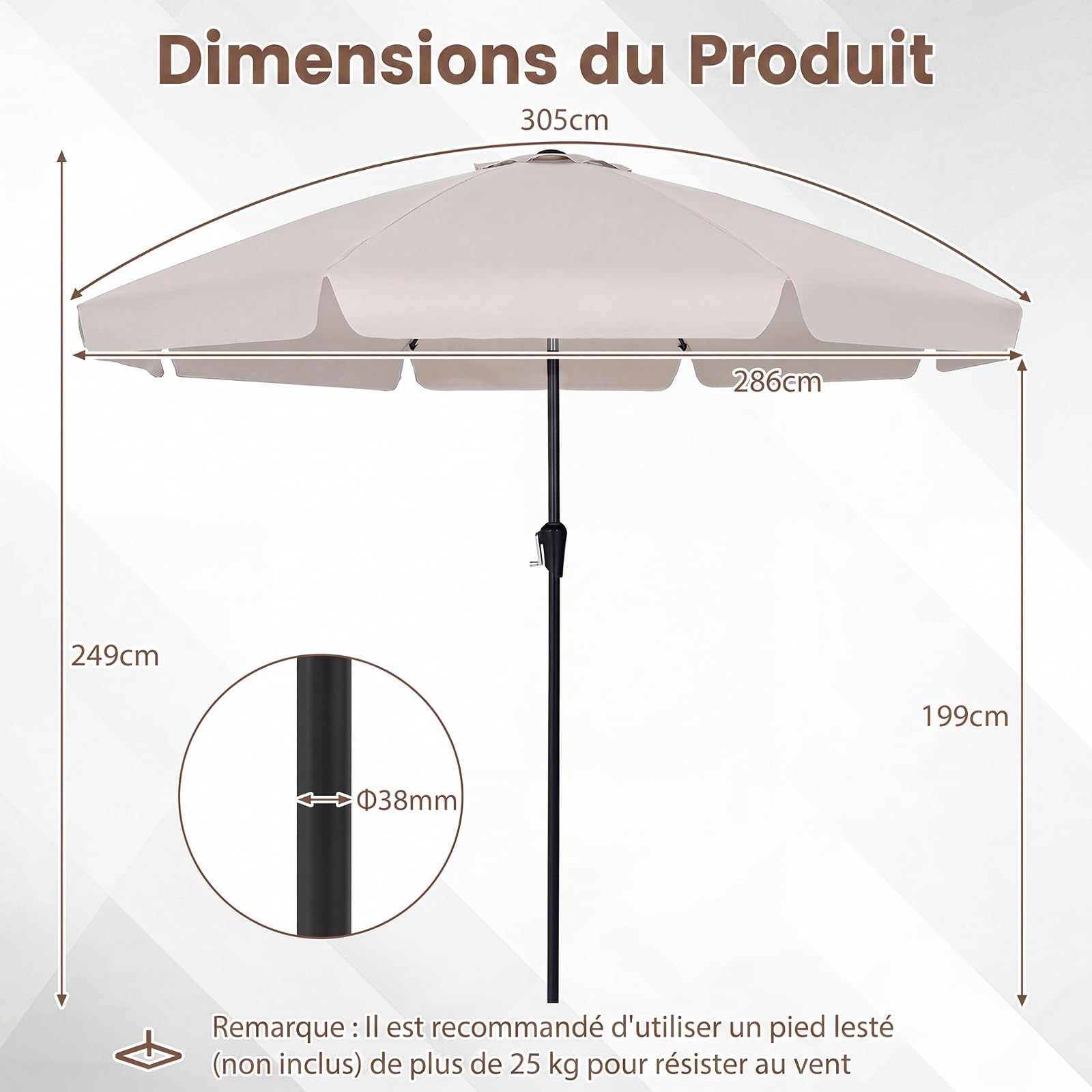 COSTWAY Parasol de Jardin Exterieur 3m, Parasol à Volant en Polyester, Protection Solaire, 30° Inclinaison Bouton-Poussoir, Hauteur Réglable, 8 Baleines, Manivelle, pour Terrasse Piscine Plage