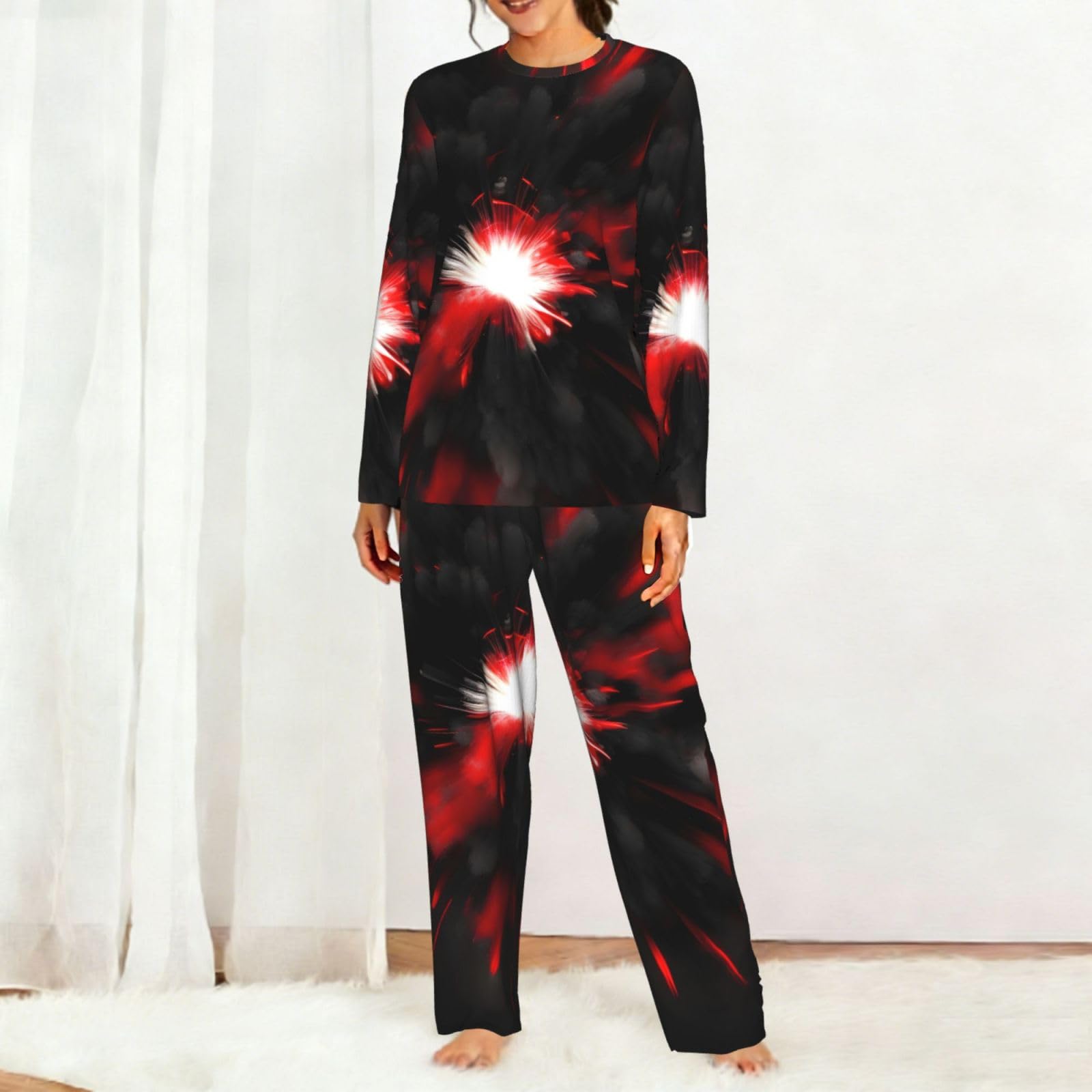 Explosion Burst Red Black Print Donna Manica Lunga Pigiama Vacanza Yoga Casual Gite Confortevole Pigiameria Regalo
