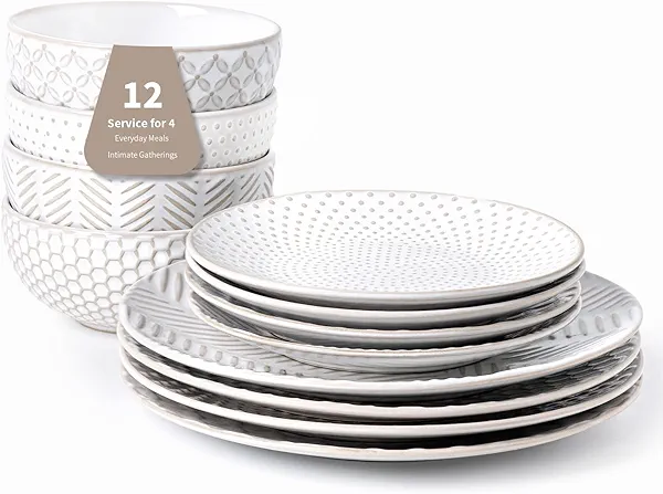 FOBENTA 12 Piece Embossed Dinnerware Sets for 4, Elegant Plates and Bowls Sets, Microwave & Dishwasher Safe, Stoneware for Stylish Home Dining–Perfect Housewarming Gift for Busy Families & Hostesses
