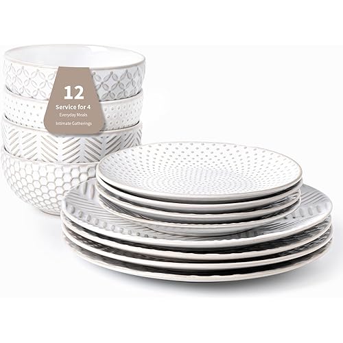 12 Piece Embossed Dinnerware Sets for 4, Elegant Plates and Bowls Sets, Microwave & Dishwasher Safe, Stoneware for Stylish Home Dining–Perfect Housewarming Gift for Busy Families & Hostesses