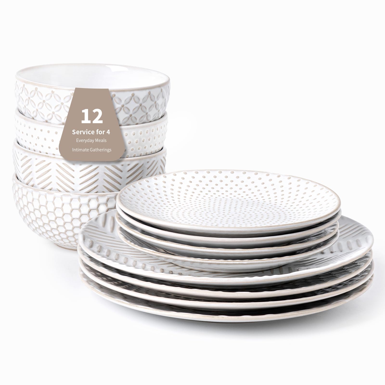 12 Piece Embossed Dinnerware Sets for 4, Elegant Plates and Bowls Sets, Microwave & Dishwasher Safe, Stoneware for Stylish Home Dining–Perfect Housewarming Gift for Busy Families & Hostesses