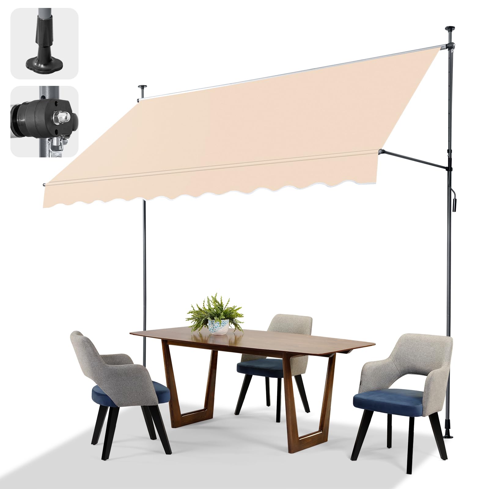 LEADZM Klemmmarkise 300 cm Breit,Balkon Markise ohne Bohren,Wasserdicht,Sonnenschutz,UV-beständig,Höhenverstellbar mit Handkurbel,für Terrasse,Balkon,Garten,Laden,Beige,Khaki